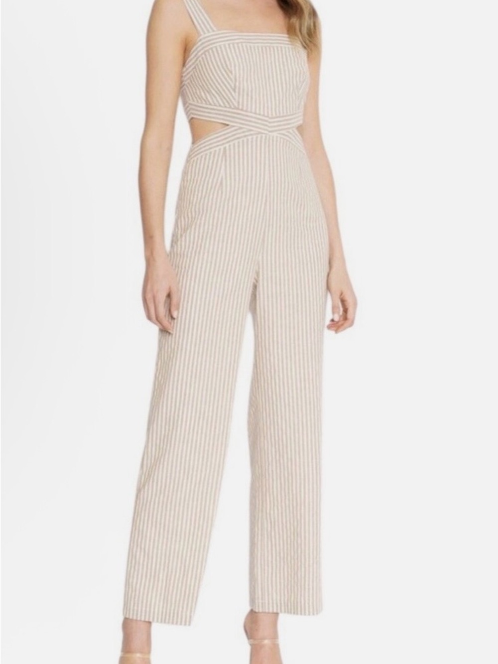 Altar'd State Beige Striped Cutout Wide-Leg Jumpsuit Linen Blend. Large